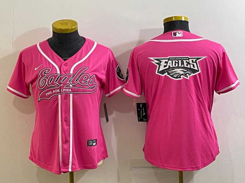 Womens Philadelphia Eagles Pink Team Big Logo With Patch Cool Base Stitched Baseball Jersey